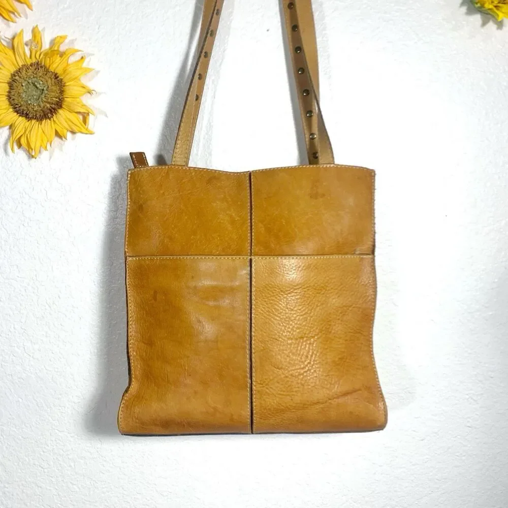 Patricia Nash Cognac Leather Studded Strap Turn Lock Women’s Shoulder Bag Purse